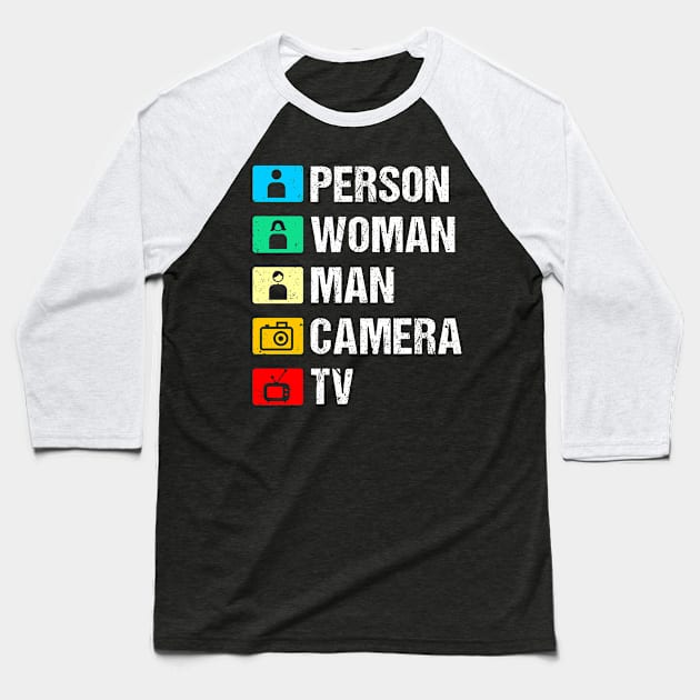 Person Woman Man Camera TV Icons Cognitive Test Baseball T-Shirt by Teeziner